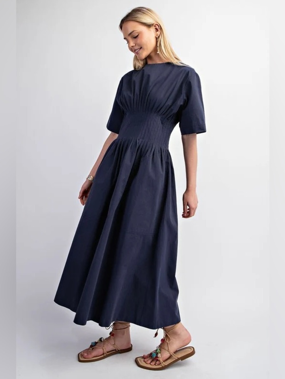 GigiO Navy Pintuck Waist Midi Dress Size Large